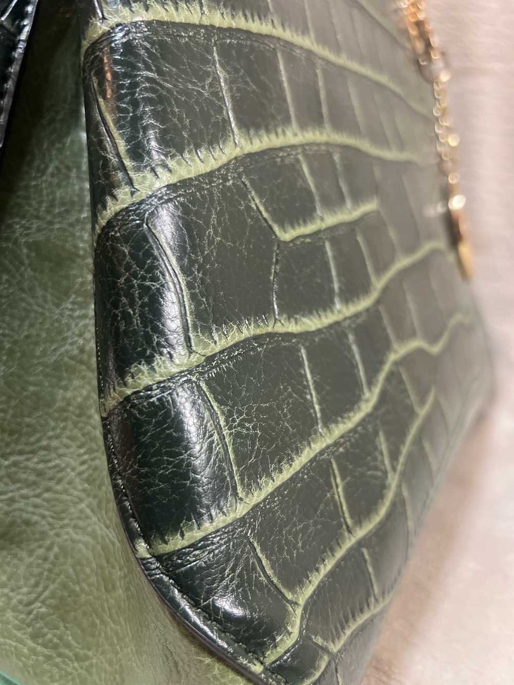 MKF Collection Vegan Leather Faux Croc Embossed Green Satchel Tote EUC